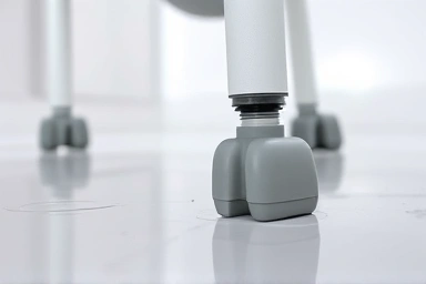 Close-up of non-slip bath chair feet on a wet floor.