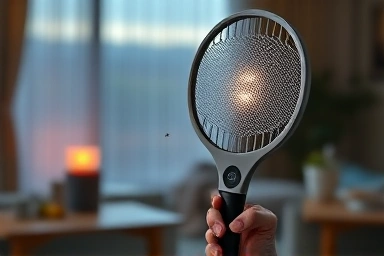 Modern electric mosquito swatter with UV light in a living room.