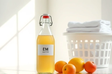 Homemade EM fermented liquid detergent in a kitchen setting.