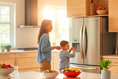 Happy family using energy-efficient refrigerator in bright kitchen.