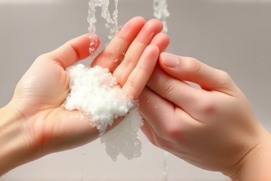 Hands lathering with foam and liquid hand soap