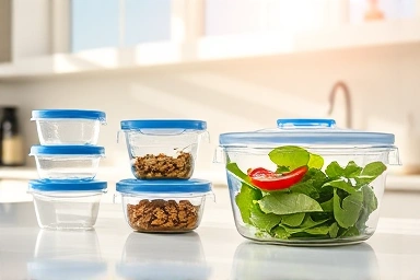 Neatly arranged Glasslock glass food containers on a kitchen counter.