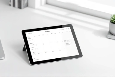 Tablet with digital planner on a modern desk.