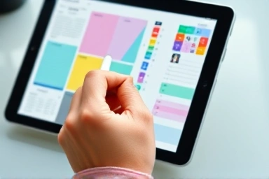 Hand with stylus over diverse digital planner templates on tablet.