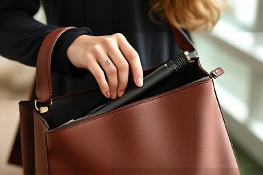 Woman packing portable hair iron into stylish pouch in handbag.