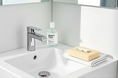 Hand sanitizer next to soap and towel on a clean sink.