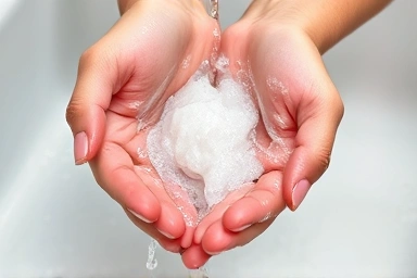 Close-up of hands being washed with soap and water.