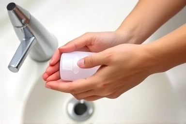 Close-up of hands applying hand sanitizer after washing.