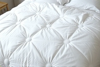 Pristine white duvet bathed in soft morning light, symbolizing clean and comfortable bedding.