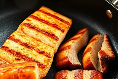 Crispy grilled fish and pork belly in Happycall pan