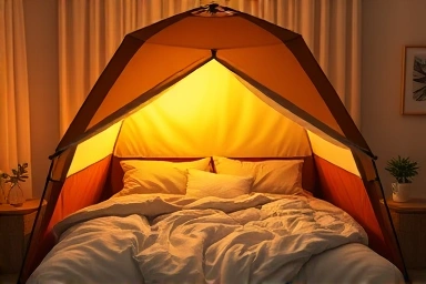 Cozy heating tent in a bedroom, saving energy
