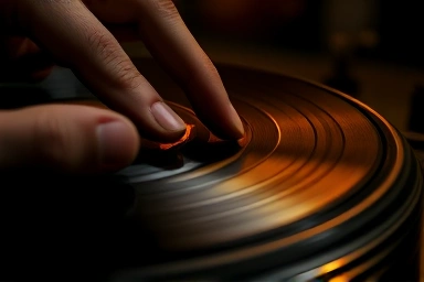Hand placing vinyl record on turntable, analog audio