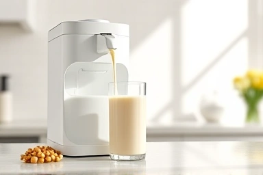 Homemade soy milk maker with fresh soybeans and creamy soy milk.