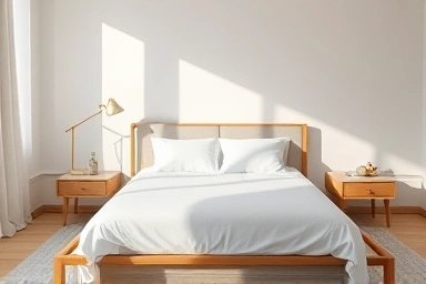Serene hotel-style bedroom with a perfectly made bed.