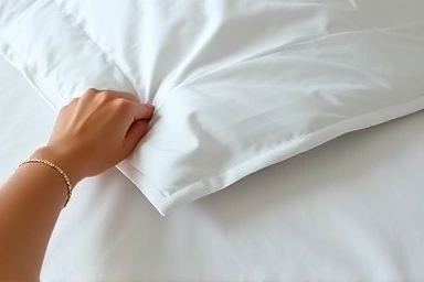 Close-up of making a crisp hotel-style bed fold.