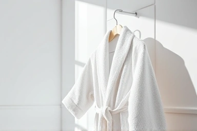 Luxurious hotel-style shower robe in a minimalist bathroom.