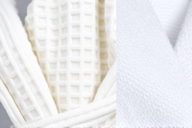 Close-up of waffle and microfiber shower robe fabric textures.