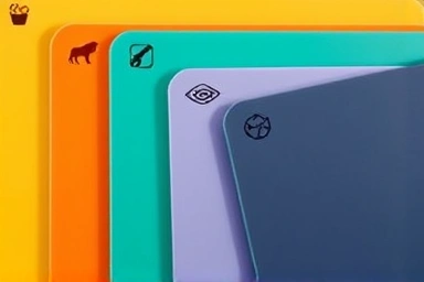 Close-up of colored chopping boards with food icons for hygiene.