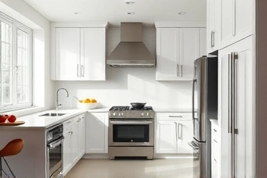 Modern kitchen with white, black, and metallic appliances