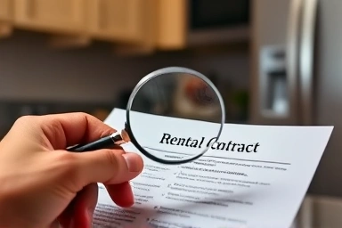 Hand examining kitchen appliance rental contract details.