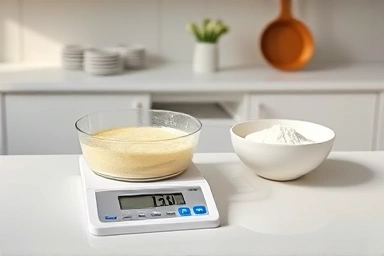 Digital kitchen scale measuring ingredients for baking.