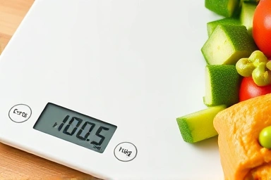 Precise weight measurement on a kitchen scale for healthy eating.