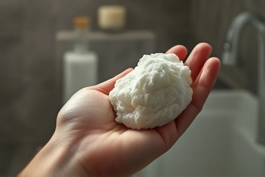 Korean bath scrub (ttaessugeon) held gently, emphasizing careful use.
