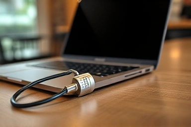 Laptop security lock attached in a coffee shop setting.