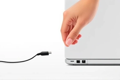 Hand connecting USB laptop lock to a modern, slot-less laptop.