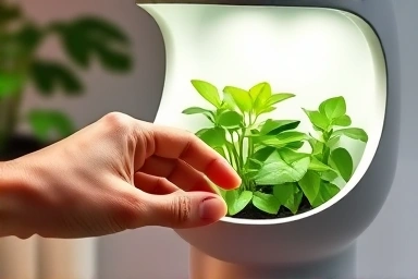 Close-up of a hand interacting with a healthy plant in a modern indoor cultivator.