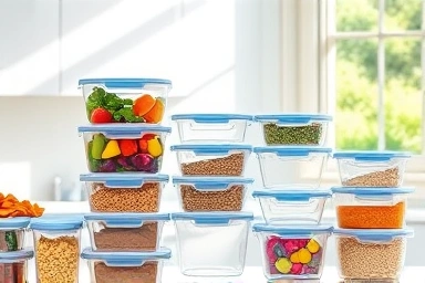 Organized kitchen with LocknLock plastic containers and fresh ingredients.