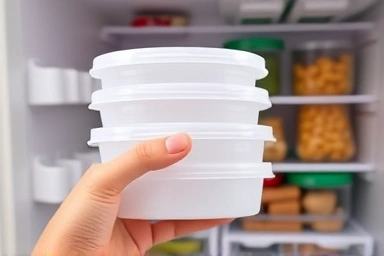 Maximizing kitchen space by stacking LocknLock plastic containers.