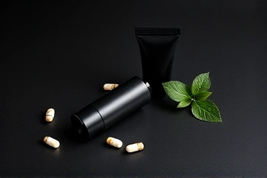 Sleek men's lip balm tubes with vitamin capsules and leaf