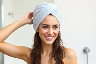 Woman wearing a microfiber hair turban after showering