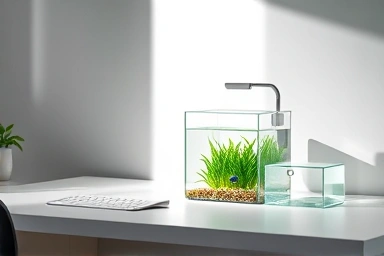 Serene desk with a calming mini aquarium and lush plants.