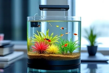 Close-up of a vibrant mini aquarium, showcasing aquatic life and plants.