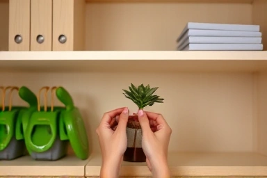 Hands intentionally placing an item in an organized, decluttered space.