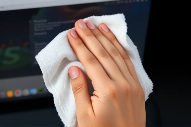 Hand cleaning monitor screen with microfiber cloth