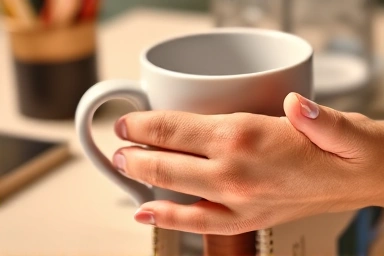 Hand touching a cherished desk item, conveying comfort and attachment.