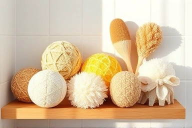 Natural shower sponges and loofahs arranged on a shelf