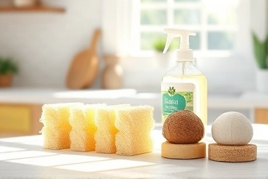 Natural sponges and eco-friendly dish soap on a kitchen counter.