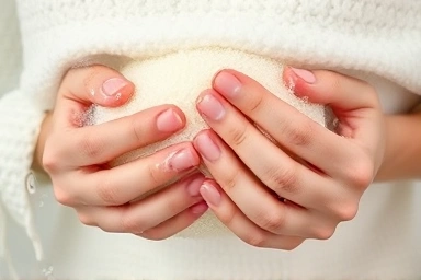 Hands using a loofah sponge with eco-friendly soap for cleaning.