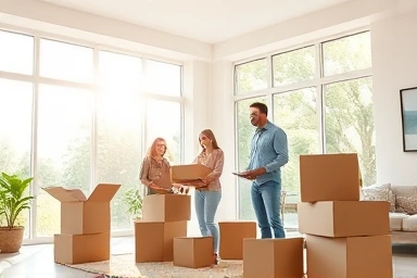 Bright living room, family unpacking, fresh air, new home.