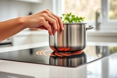 Hand using a clean induction cooktop.