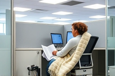 Office worker using a blanket for comfort and productivity.
