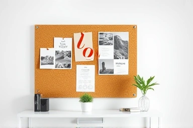 Modern office desk with organized cork board