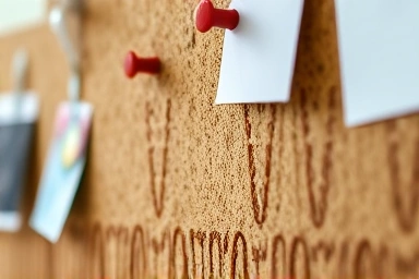 Close-up of cork board texture with pinned items