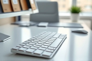 Clean office desk and keyboard, hygienic workspace, sparkling surfaces