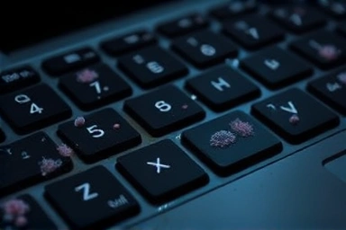 Microscopic bacteria vs clean keyboard surface, hygiene concept, germ-free zone