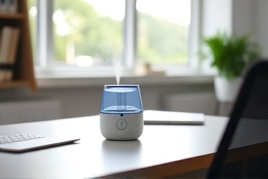 Modern office desk with mini humidifier and natural light.